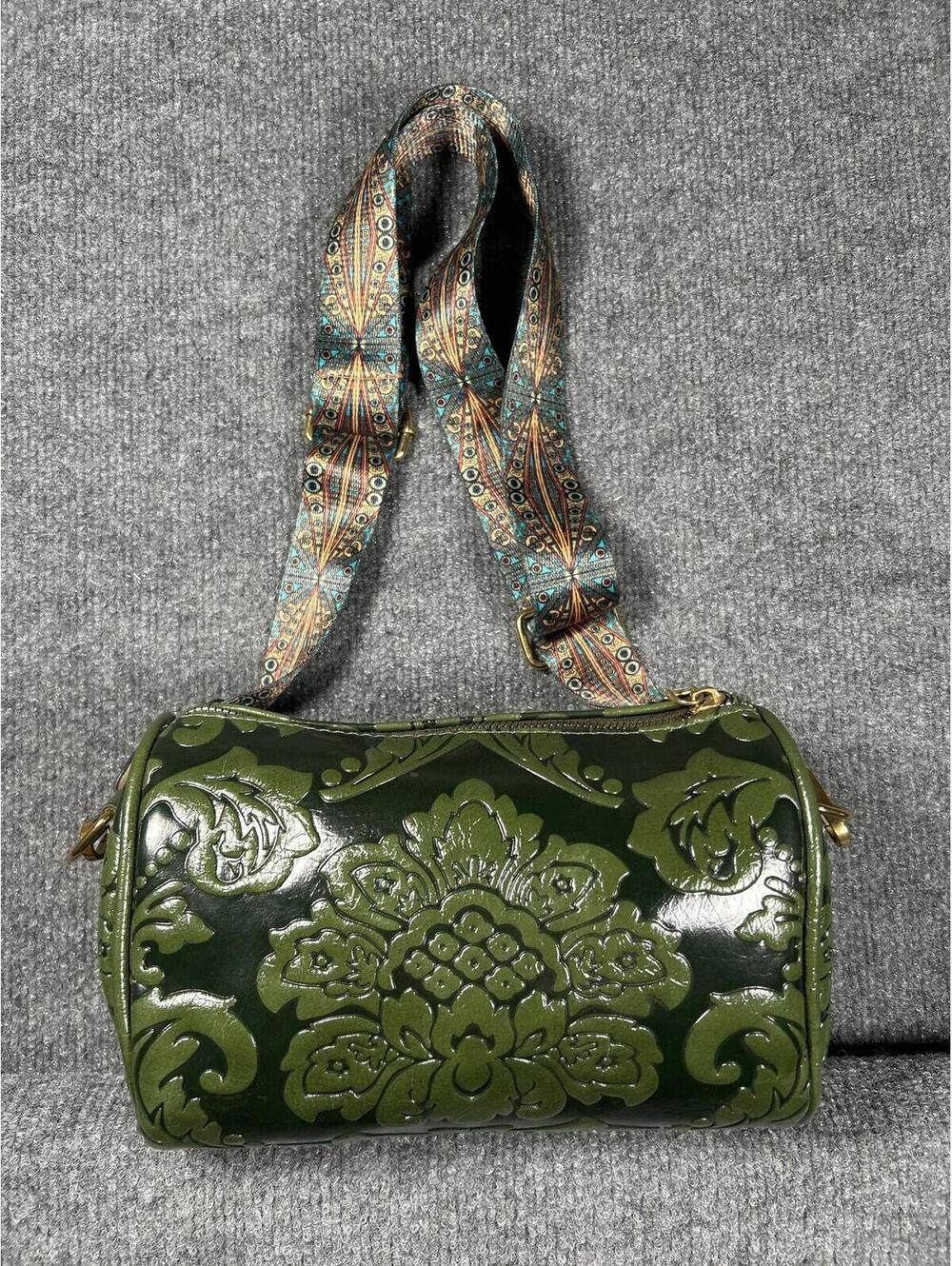 Green Embossed Floral Faux Leather Shoulder Bag with Patterned Strap